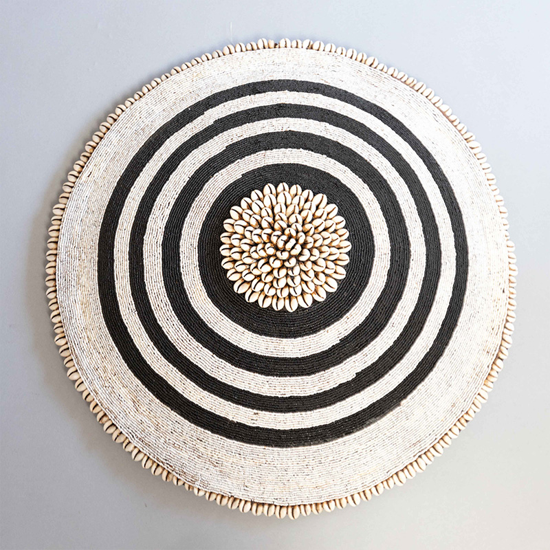Home Accessories, Decor, Wall Art, African Warrior Beaded Shield Solid Wood Black & Cream